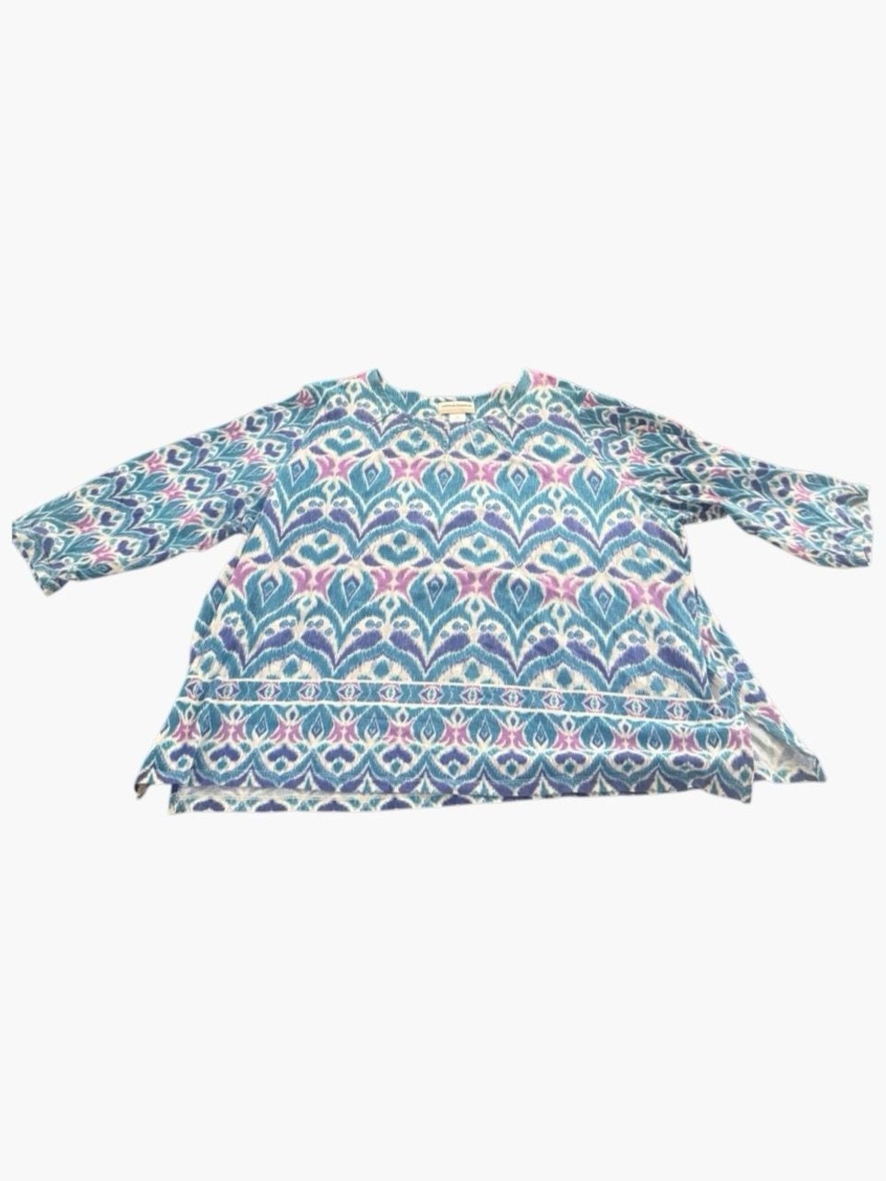 Alfred Dunner Teal Purple Ikat Rhinestone Neck Top — Women’s 3X